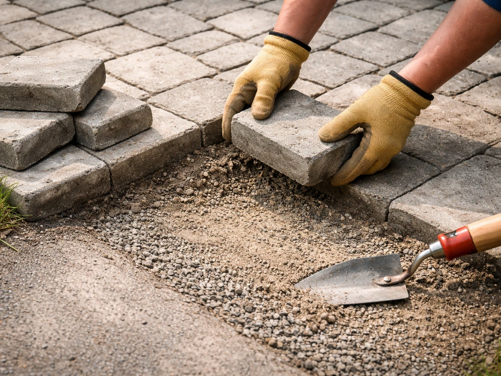 Anonymous hands lift a small section of concrete pavers, regrade the base, and reset them for drainage.