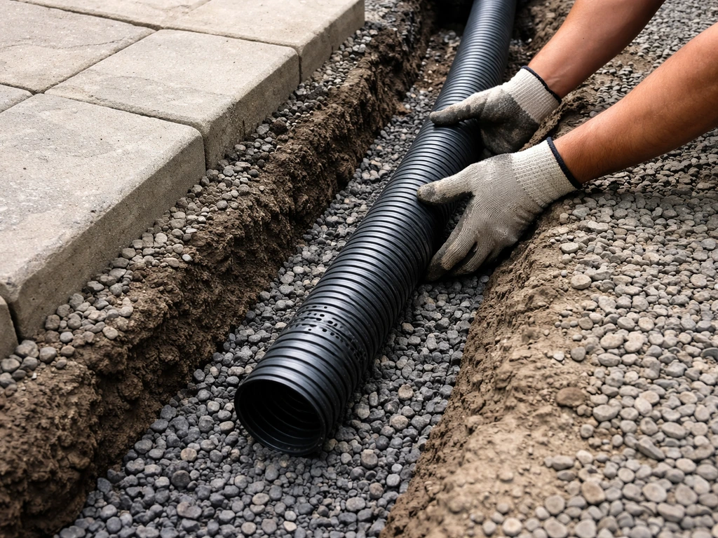 Worker inspecting a trench with gravel and perforated drain pipe near a patio, showing water runoff routing