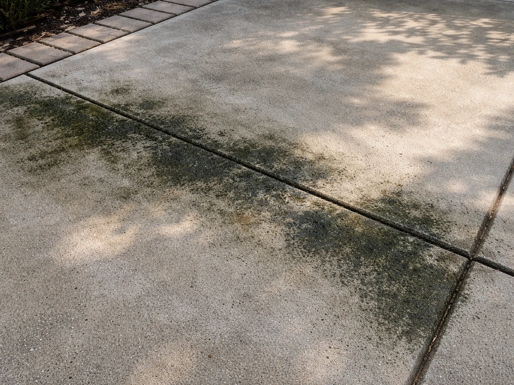 Shadowed concrete patio surface with visible mold spots, ready for safe cleaning.