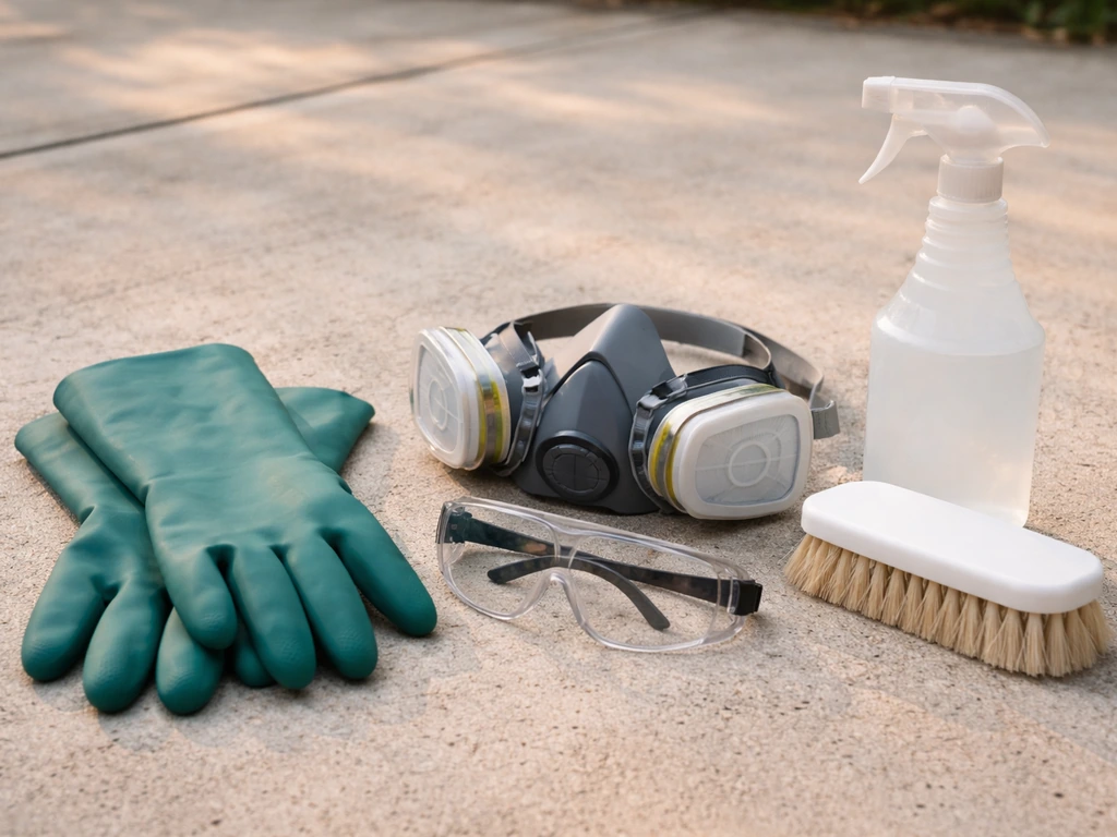 Chemical-resistant gloves, safety goggles, and a respirator mask laid beside scrub tools on a patio surface.
