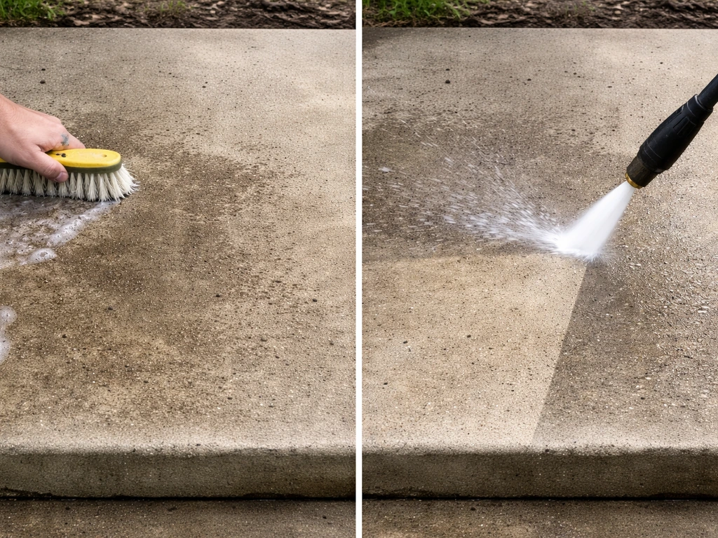 Side-by-side view of stiff brush scrubbing and pressure-washing stained concrete slabs.