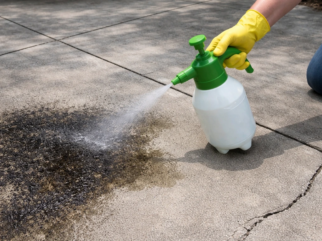 Person applying unscented bleach solution to black mold on concrete patio with a pump sprayer.