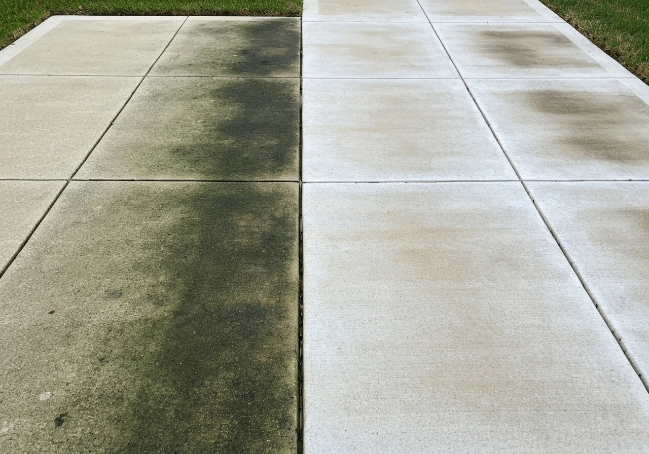 Split before-and-after view of a patio concrete surface, with mold/algae cleared and brightened by bleach.