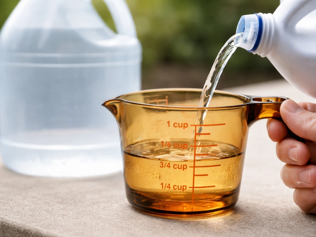 Measuring cup pouring household bleach into water for dilution on a patio surface.