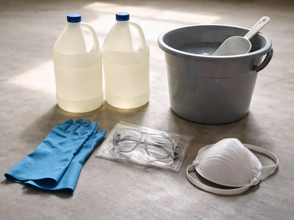 Safety gear and bleach products laid out beside a mixing bucket, including eye protection and chemical-resistant gloves.