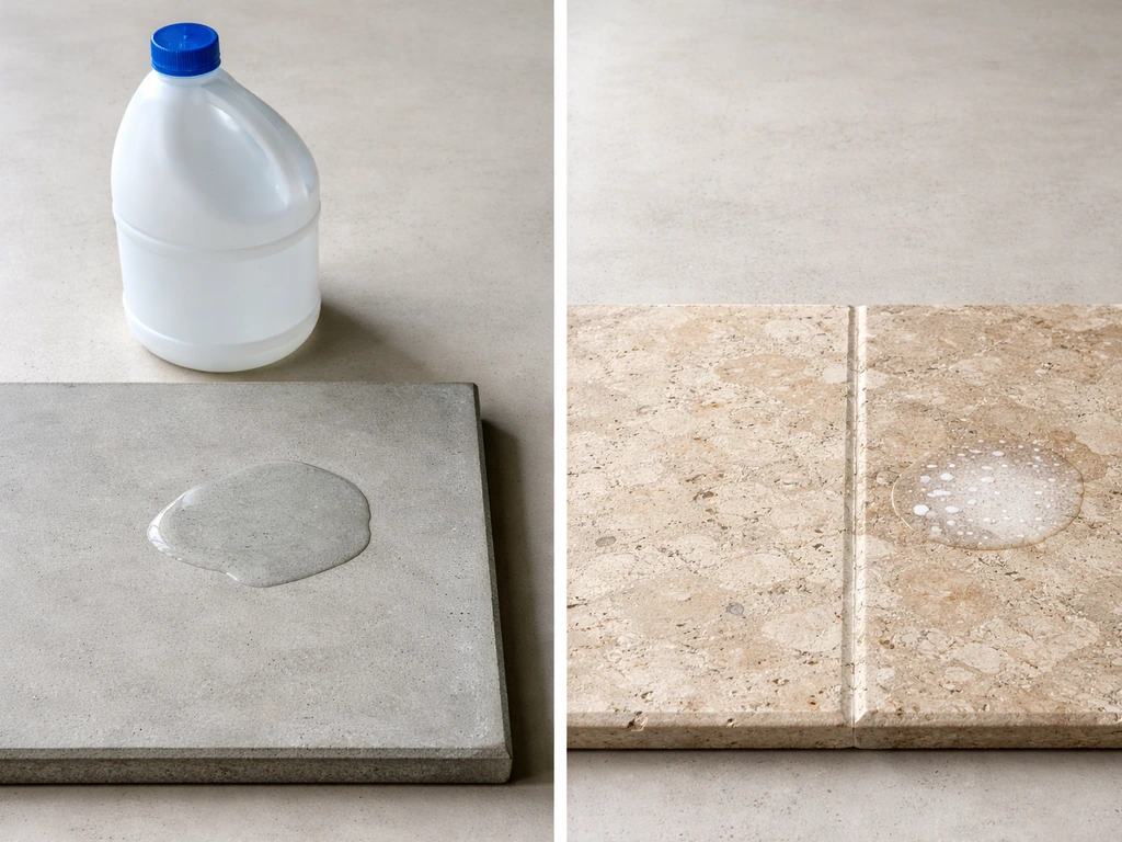 Split scene of concrete and travertine surfaces with bleach bottles and a small test patch on stone.