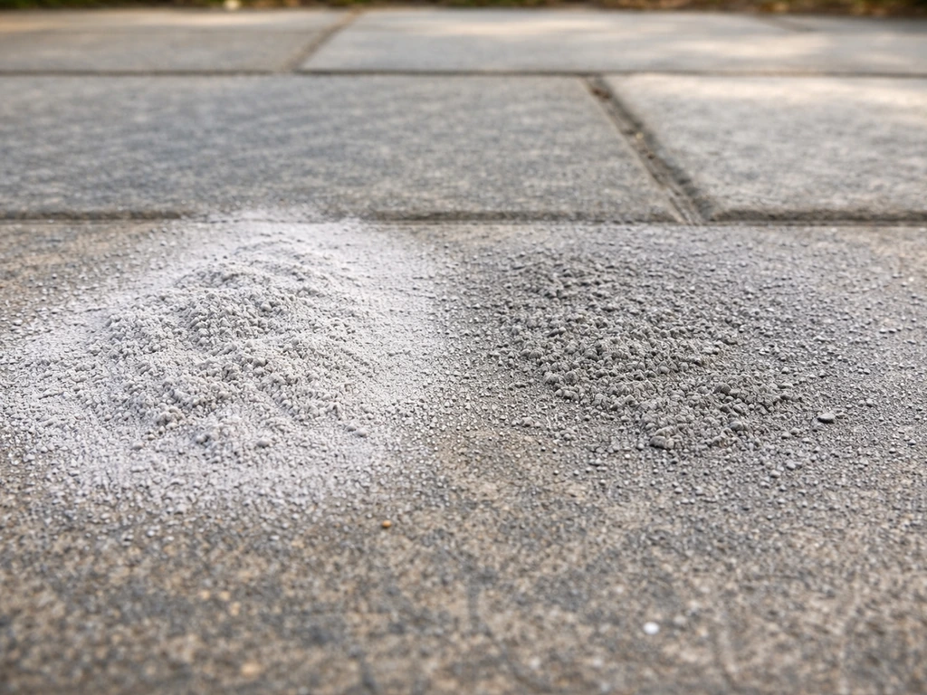 Close-up patio concrete dust showing chalky gray powder and darker settled grit on surfaces