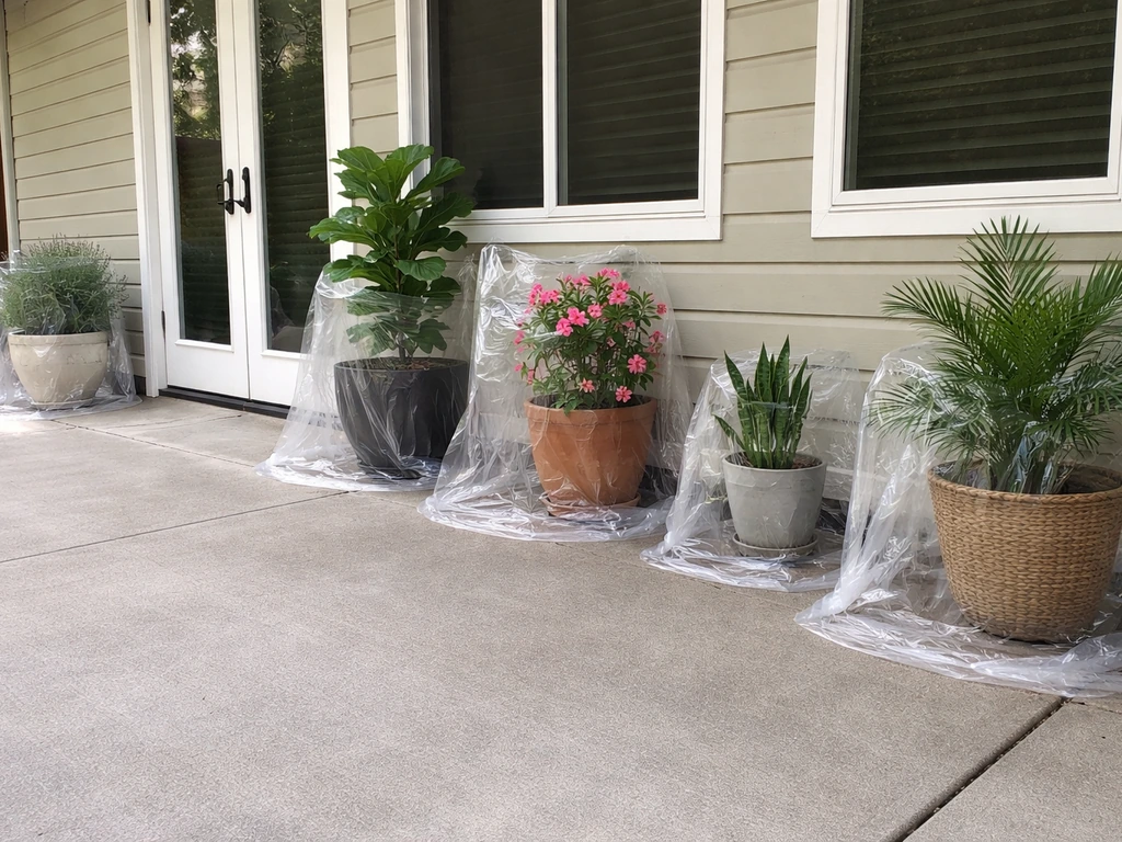 Patio edge with potted plants covered in plastic sheeting while doors and windows stay closed.