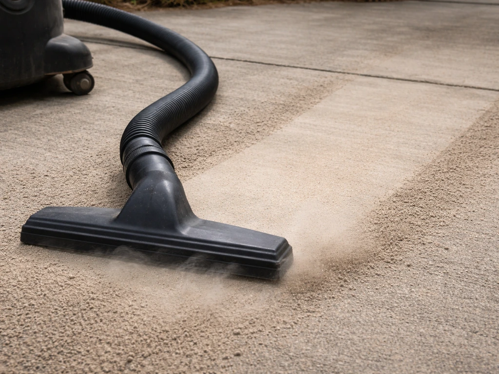A shop vacuum nozzle pulls visible dust off a concrete patio in overlapping passes