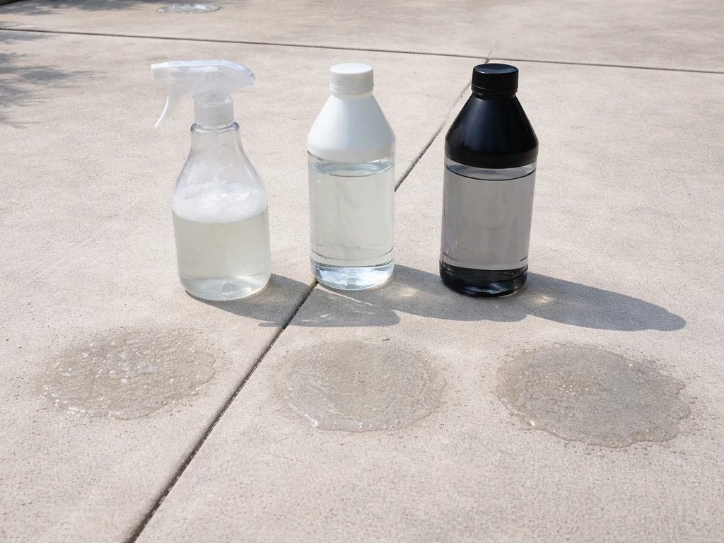 Three cleaning options shown in labeled bottles with a patio surface being treated in small sections