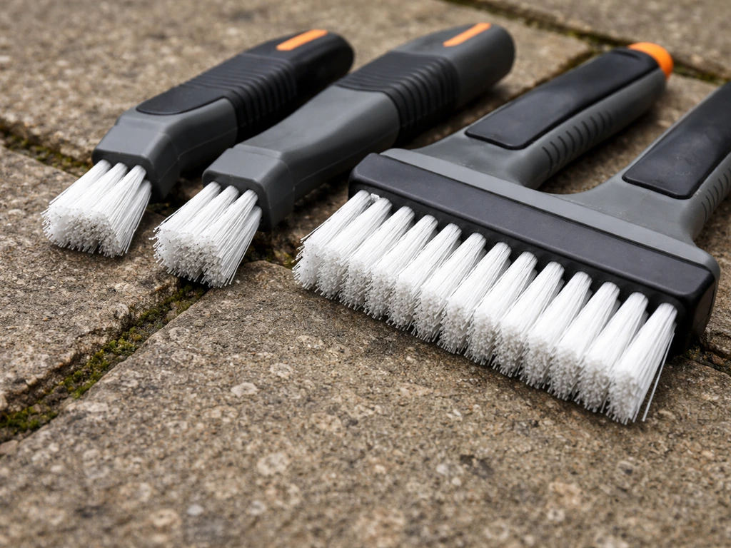 Close-up of stiff nylon grout brushes with narrow and wide heads for cleaning recessed outdoor patio joints.