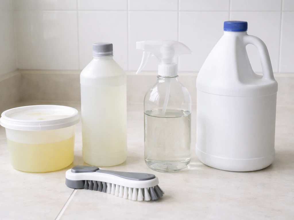 Dish soap, pH-neutral cleaner, vinegar spray, bleach, and a grout brush arranged on a clean countertop.