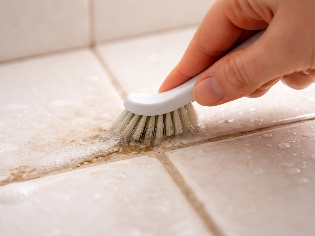 Close-up of a brush scrubbing a grout line, lifting light grime on damp bathroom tiles.