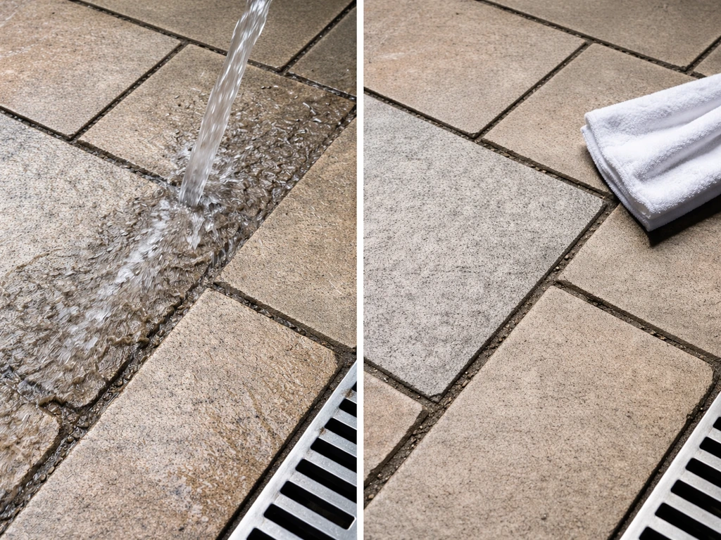 Clear water rinsing along grout joints, then a towel squeegee removes excess water from pavers.
