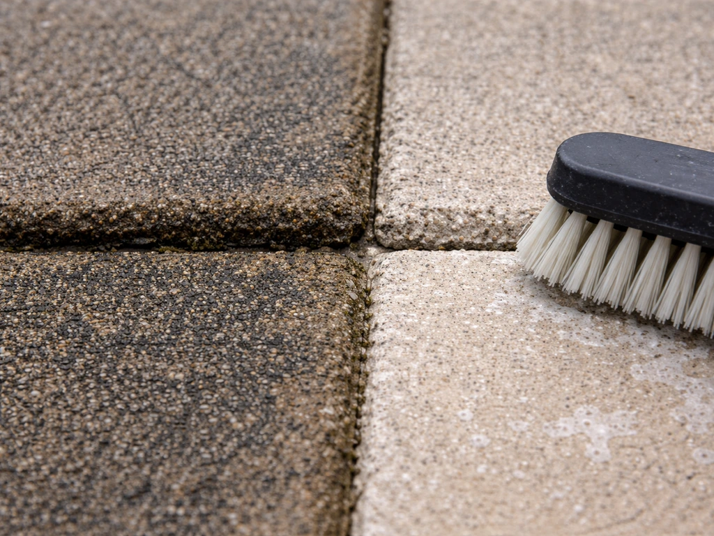 Split view of a paver grout line, showing dark stained mold in one section and a freshly cleaned section nearby.