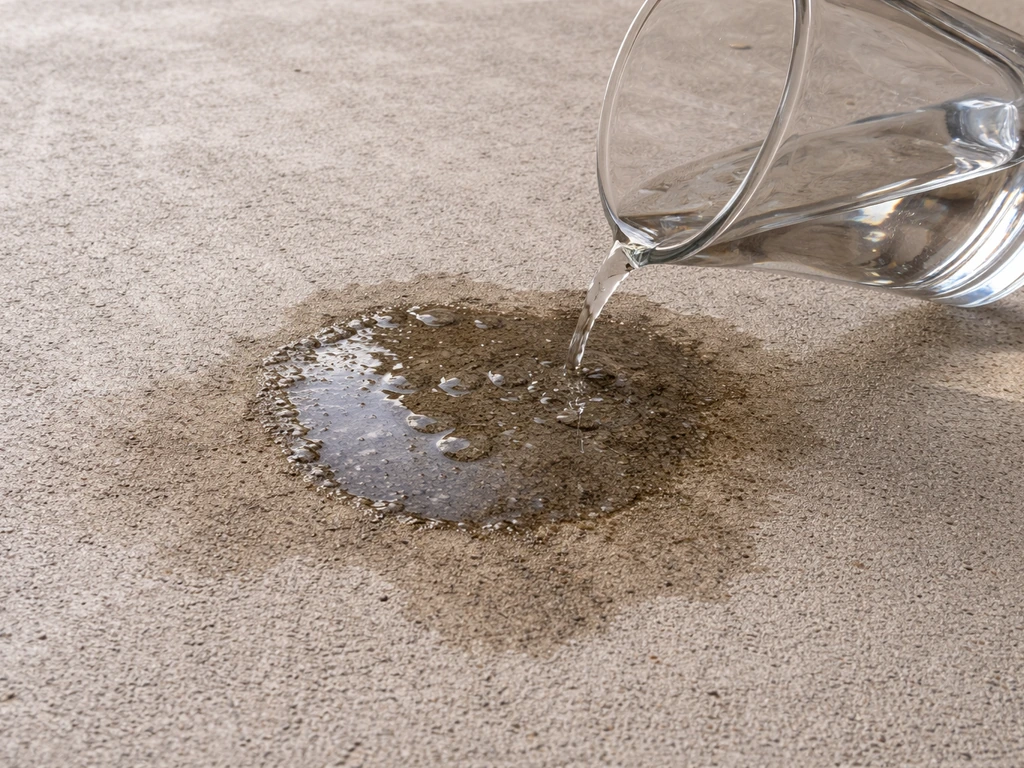 Small water puddle on stained concrete patio showing whether it beads on the surface or soaks in.