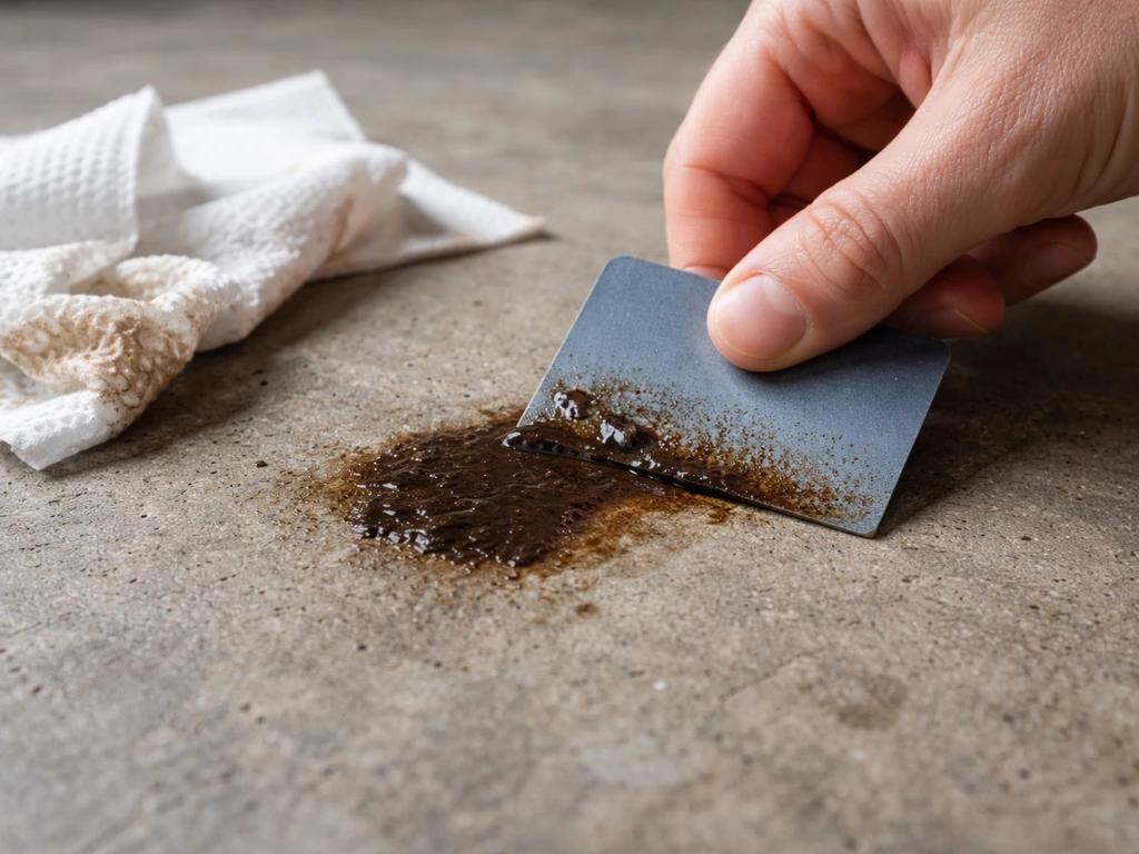 Close-up of a hand scraping fresh grease off concrete with a plastic card and blotting with paper towels.