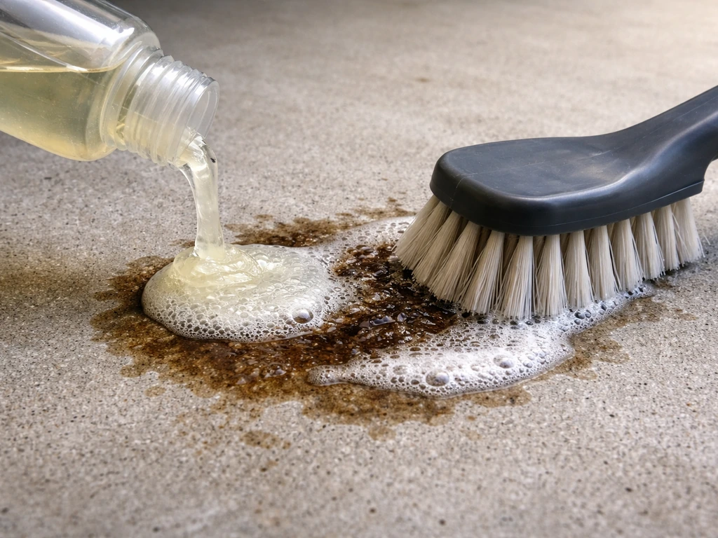 Close-up of degreaser poured on a concrete grease stain as a stiff brush scrubs it.