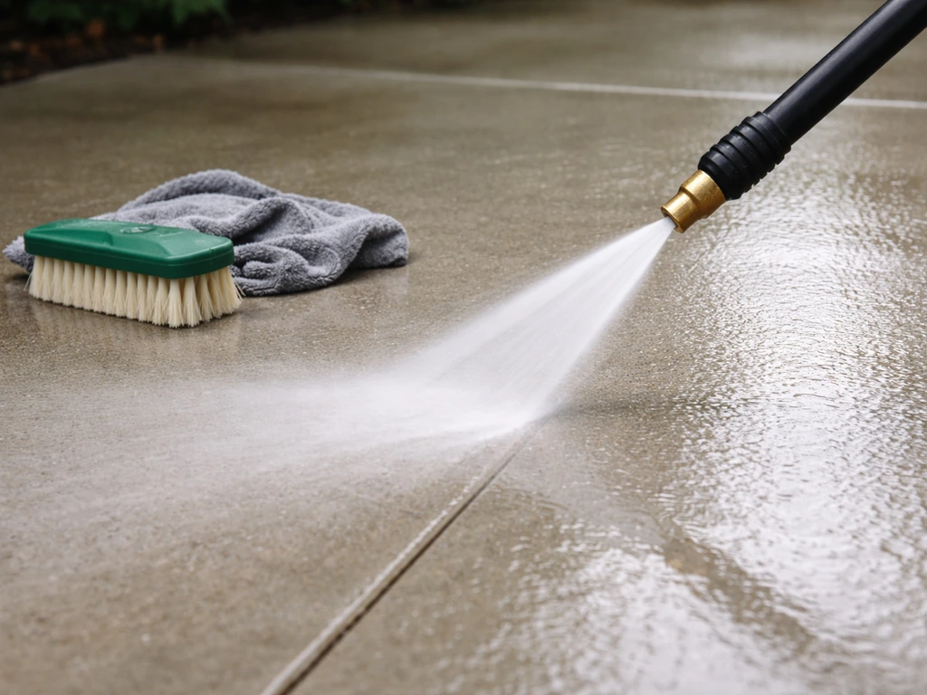 Pressure washer wand carefully rinsing clean concrete, with a scrub brush and rag beside it.