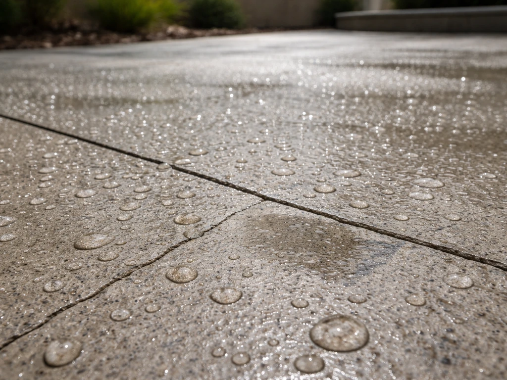 Sealed concrete patio with water beading and a small crack/spot suggesting sealing helps prevent damage.