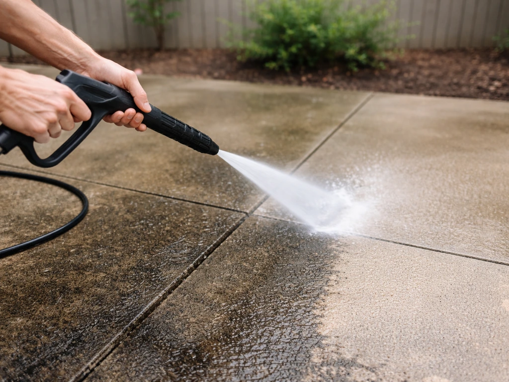 Hands pressure-washing a concrete patio slab, blasting grime off before sealing.