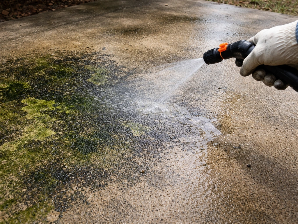 Close-up of green/black mold on concrete being treated with diluted bleach spray, wet sheen visible.