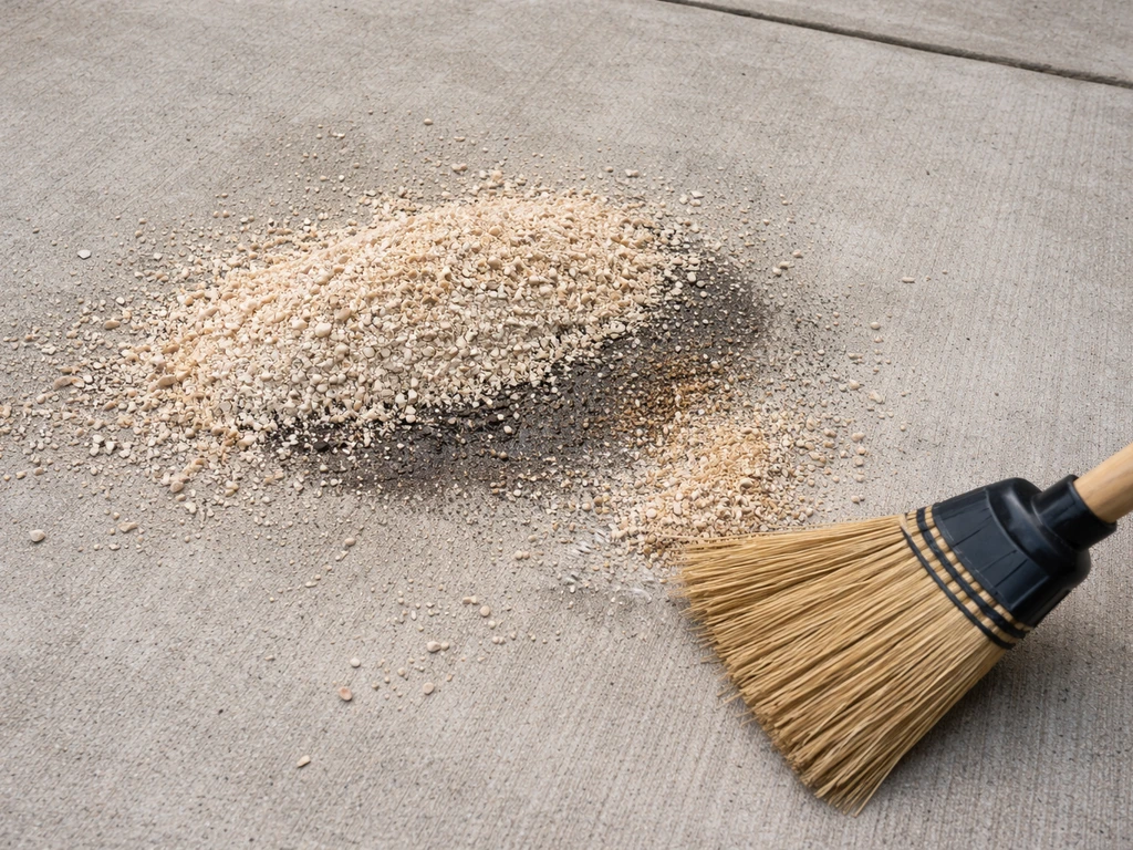Cat litter and sawdust pressed into an oil spill on a concrete patio for absorption.