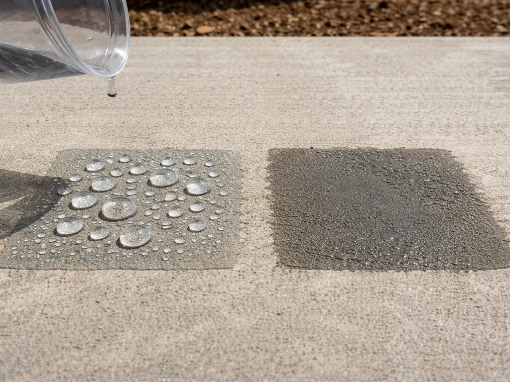 Water beads on dry concrete while nearby concrete absorbs water in two small test patches