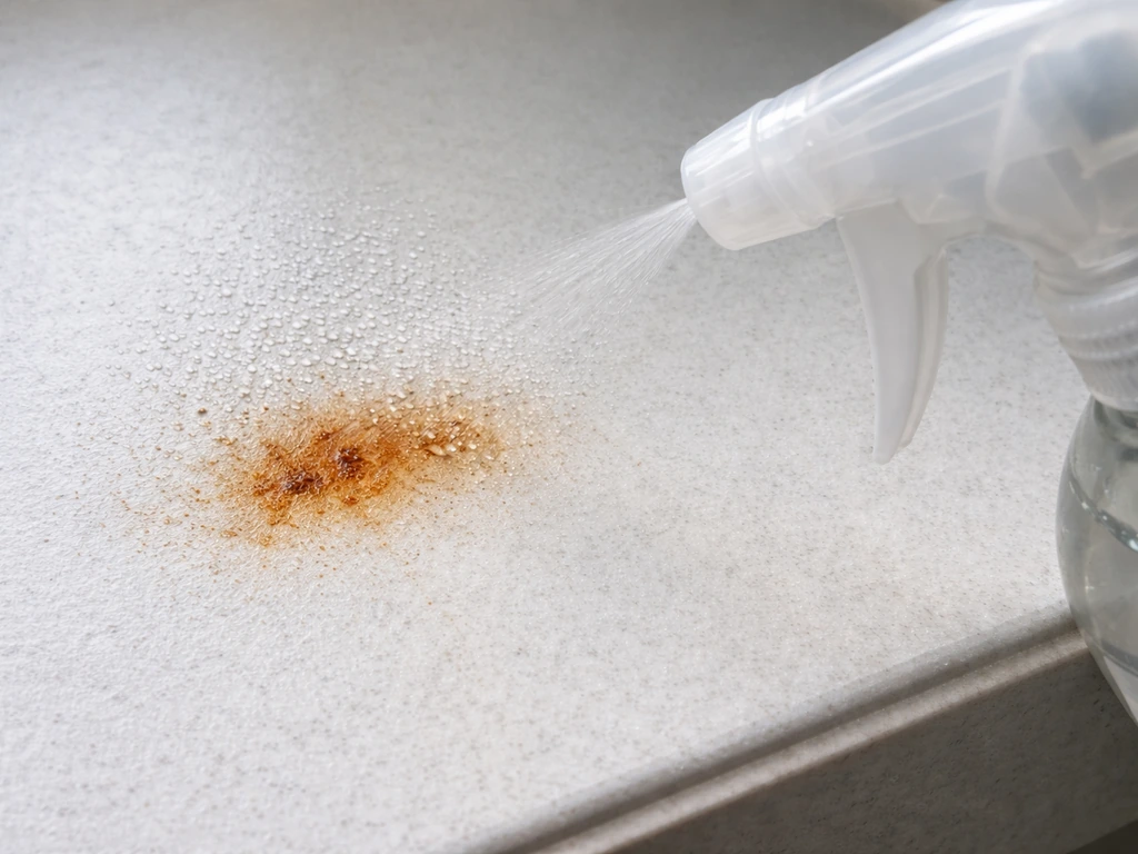 Close-up of a spray bottle misting a white vinegar-water mix onto a light rust stain on a surface.