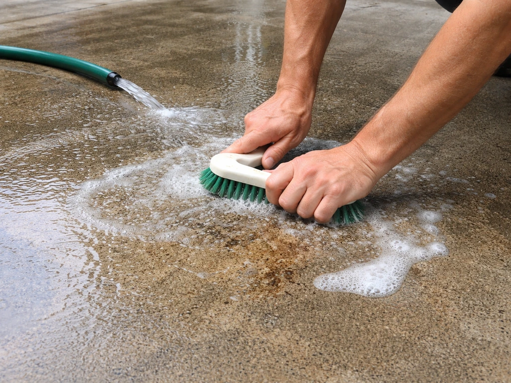 Anonymous hands scrubbing wet concrete with a stiff brush, then rinsing water directed off the floor