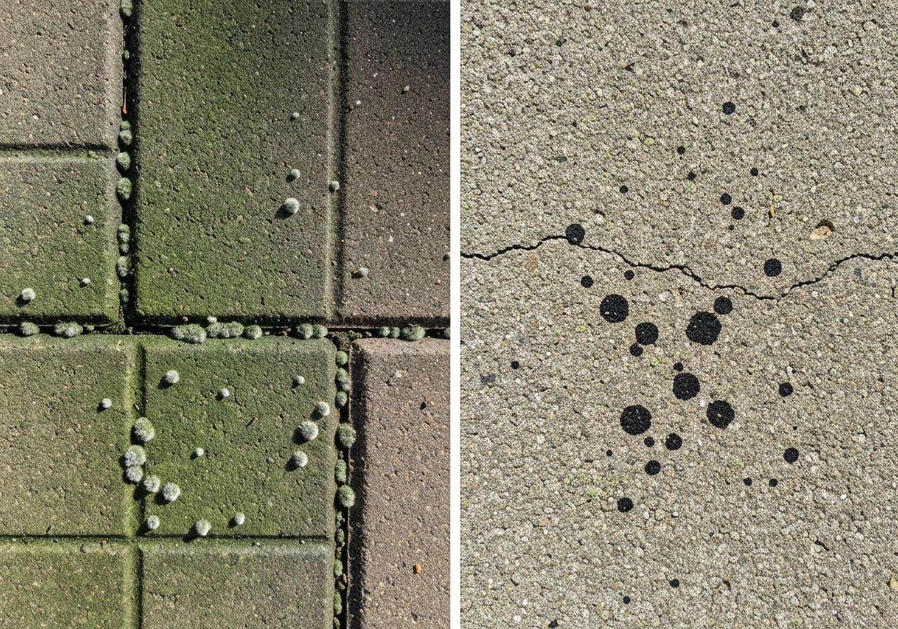 Side-by-side closeups of patio slab black spots: shaded mold/algae growth and lichen-like speckling