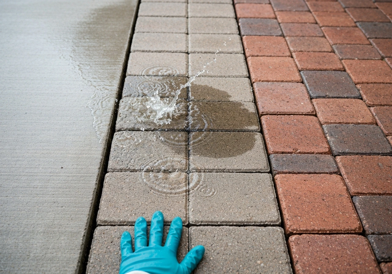 Close-up of a patio surface with water splashes and a gloved hand checking texture on concrete, pavers, and brick