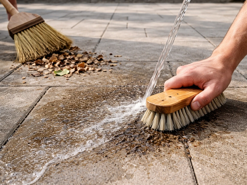 Patio cleaning: debris swept away, then a scrub brush soaking a spotted area with clean water