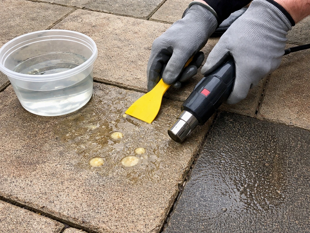 Patio stone with leftover citronella wax spots, being scraped and gently heated with gloves.