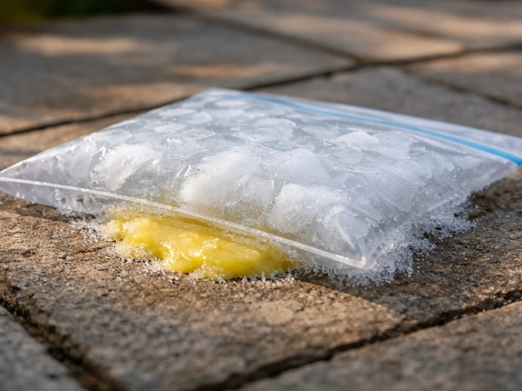 Clear ice-filled bag pressed onto soft citronella wax on patio stone to freeze it before scraping.