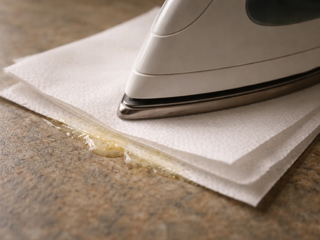 Household iron on layered paper towels, melting wax lifted from a small stone surface area.