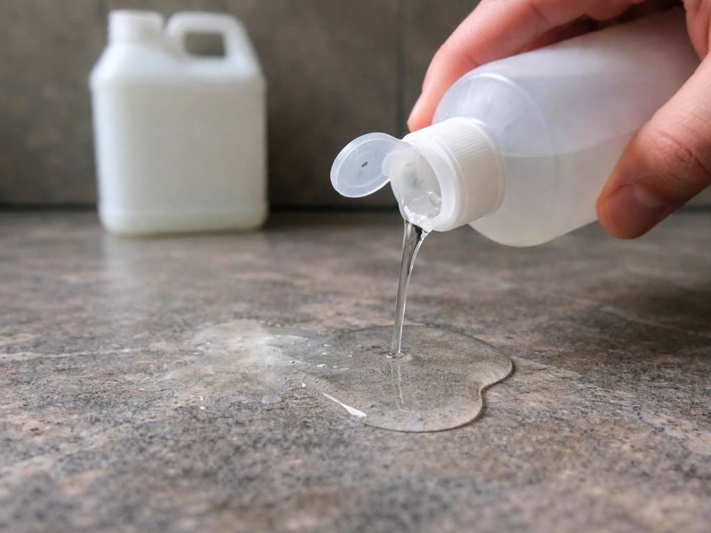 Close-up of solvent wax remover being applied to stained stone with bottles nearby