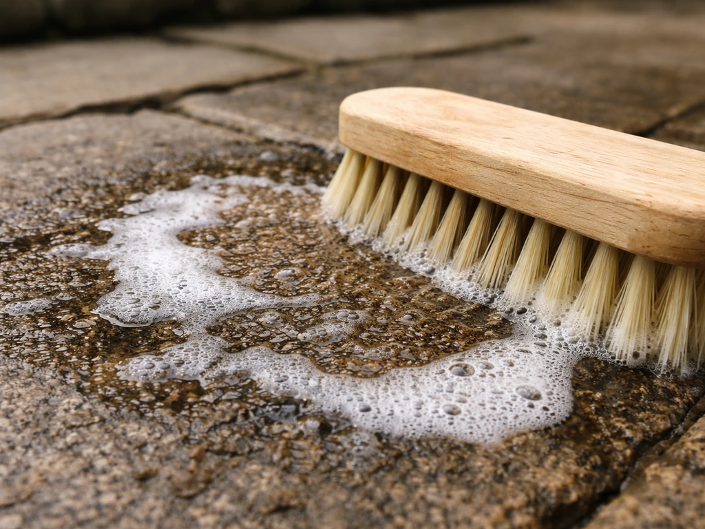 Stiff nylon brush scrubbing oily residue on patio stone with light suds from dish soap solution