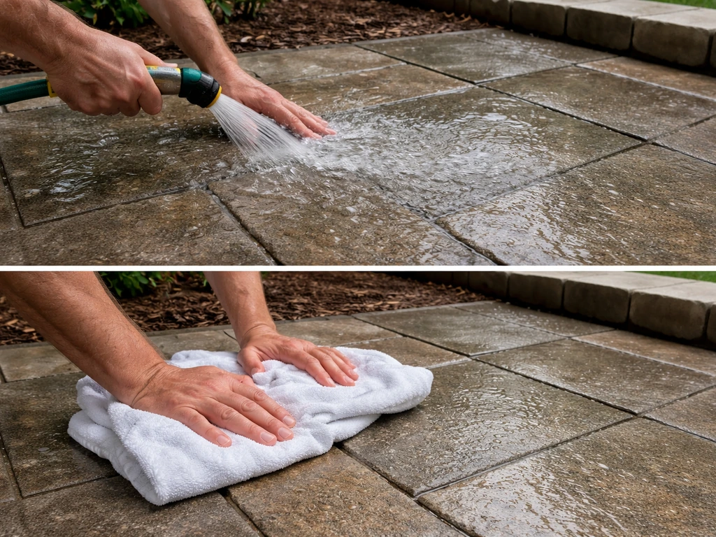 Garden hose rinsing a cleaned patio stone, followed by a towel drying wet pavers.