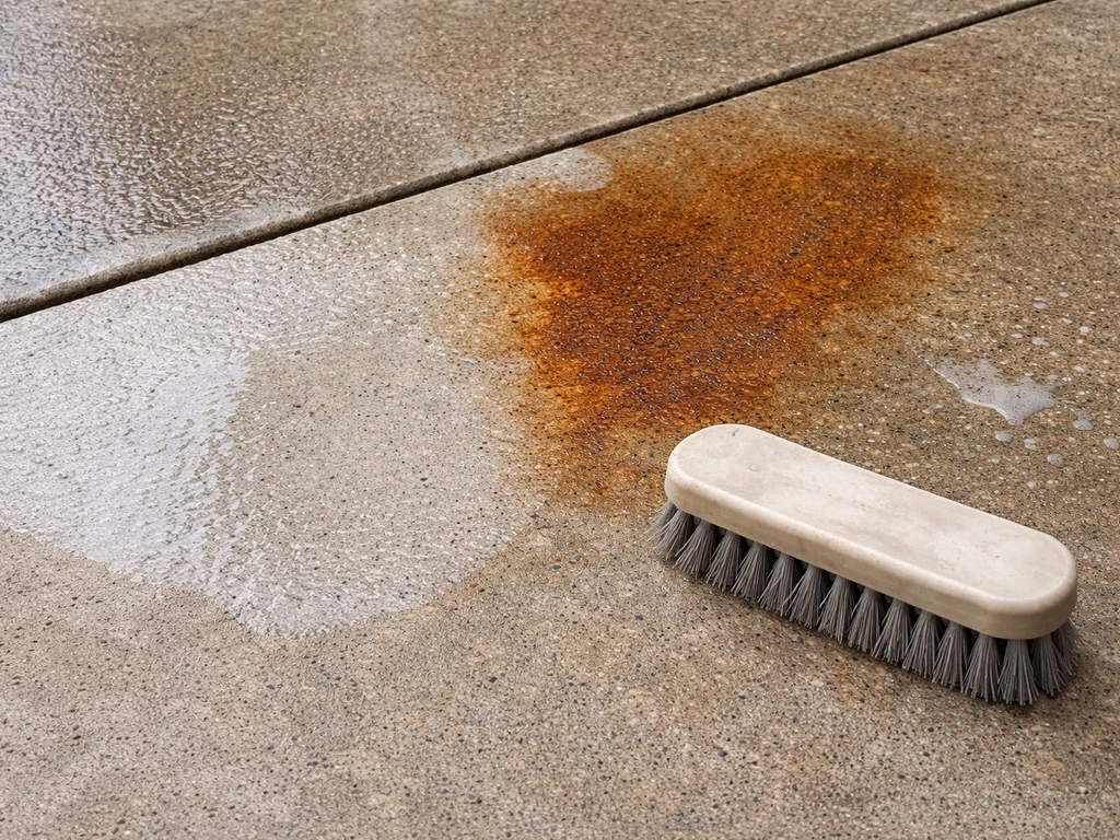 Patio concrete close-up showing a rust stain partially cleaned and rinsed with visible texture contrast.