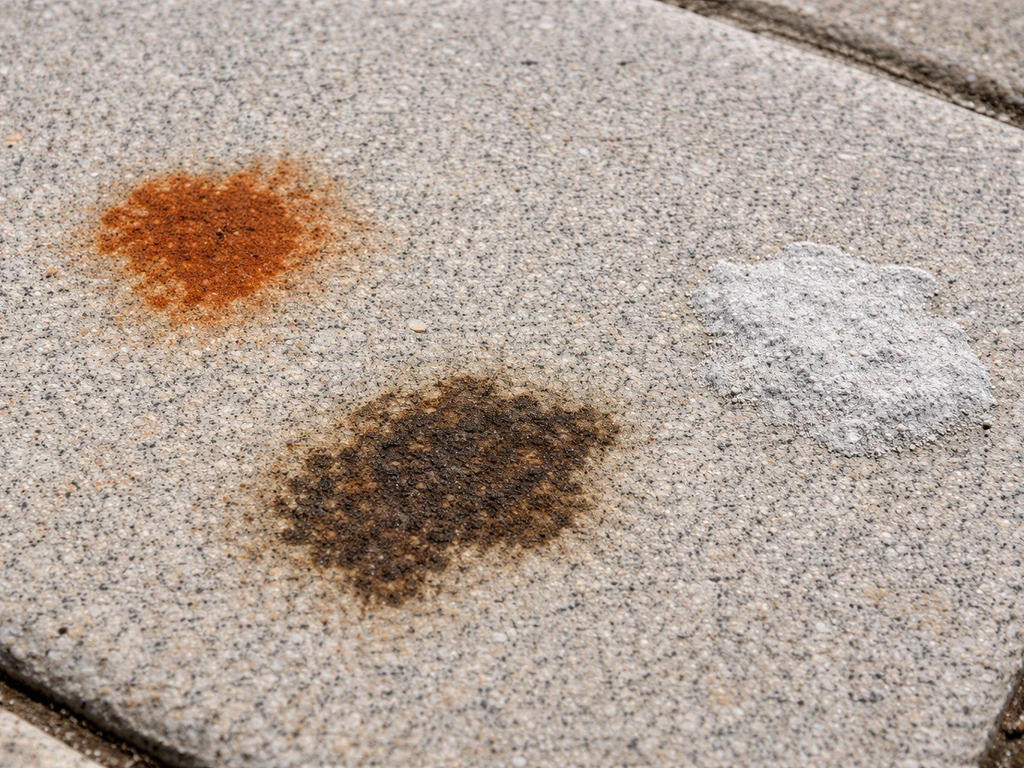 Macro close-up of patio stone showing rust-like orange-red, brown organic, and pale mineral stain patches.