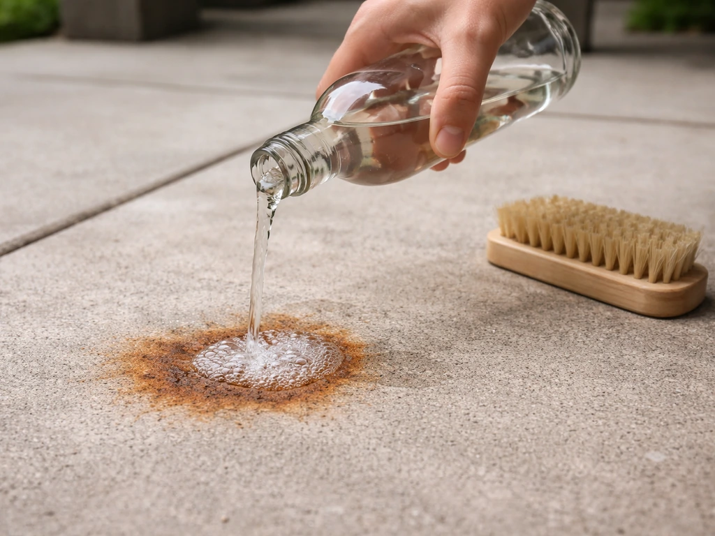 Hands pour undiluted white vinegar onto a rust stain on patio concrete; light fizz and scrub brush nearby.