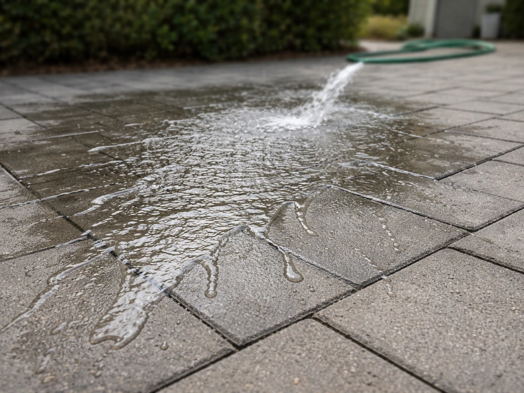 Wet patio concrete with visible water runoff rinsing away chemical residue after treatment.
