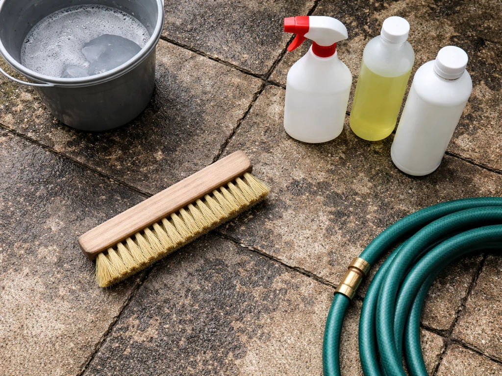 Top-down view of scrub brush, bucket, hose, and cleaner bottles beside stained patio pavers.