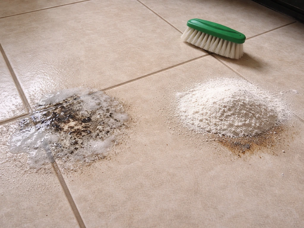Kitchen floor with two nearby cleaning zones: one damp bleach-cleaner patch on mold, one absorbent powder on grease.