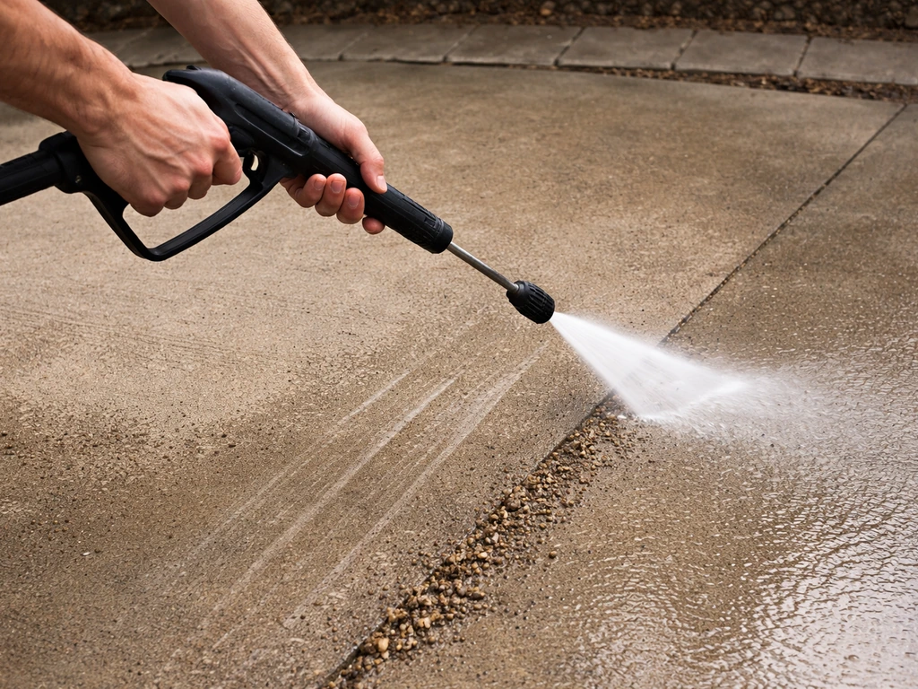 Low-angle pressure washer wand cleaning a patio with overlapping passes, loose grit swept away, no splashes on plants.