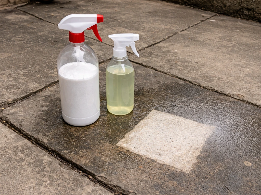 Two unlabeled cleaning bottles beside a small spray-and-rub test patch on concrete and stone.