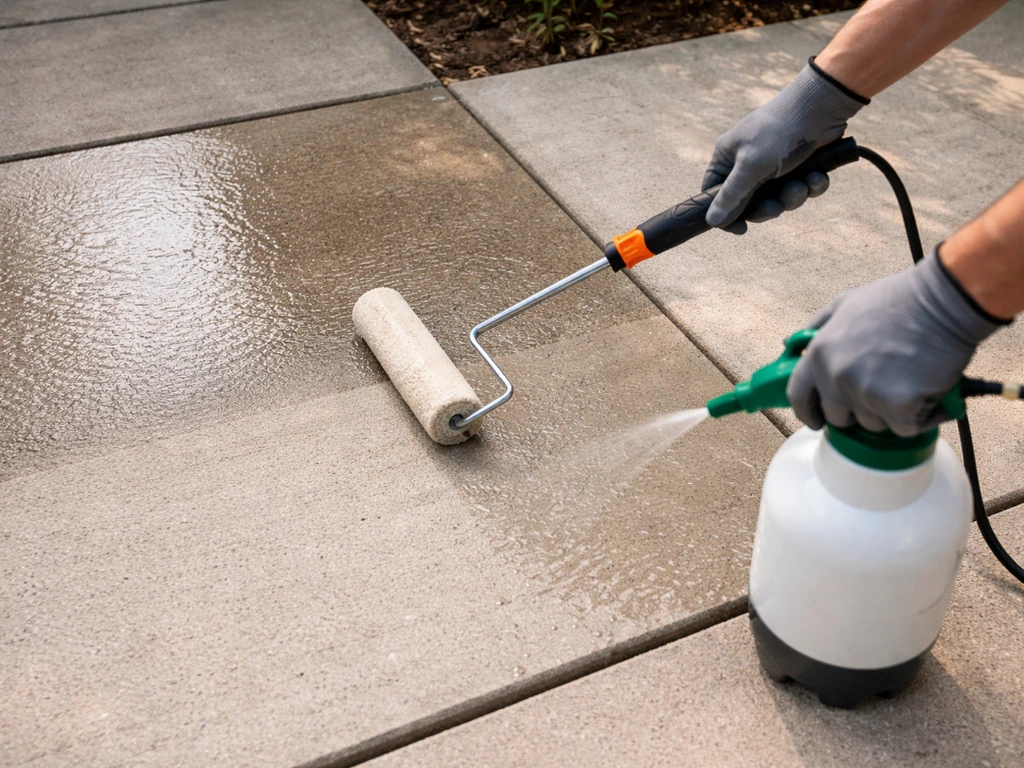 Gloved hands roller-apply clear sealer to a concrete patio, showing a darker sealed test strip.