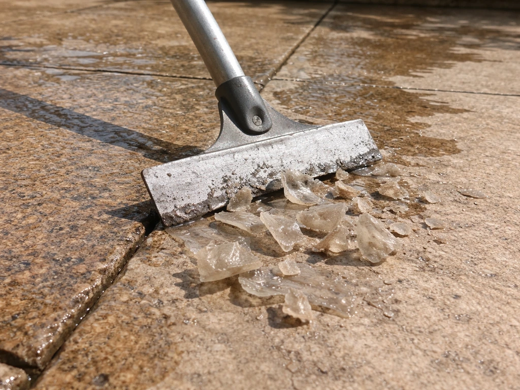 Close-up of a patio floor scraper lifting loosened sealer before any chemicals