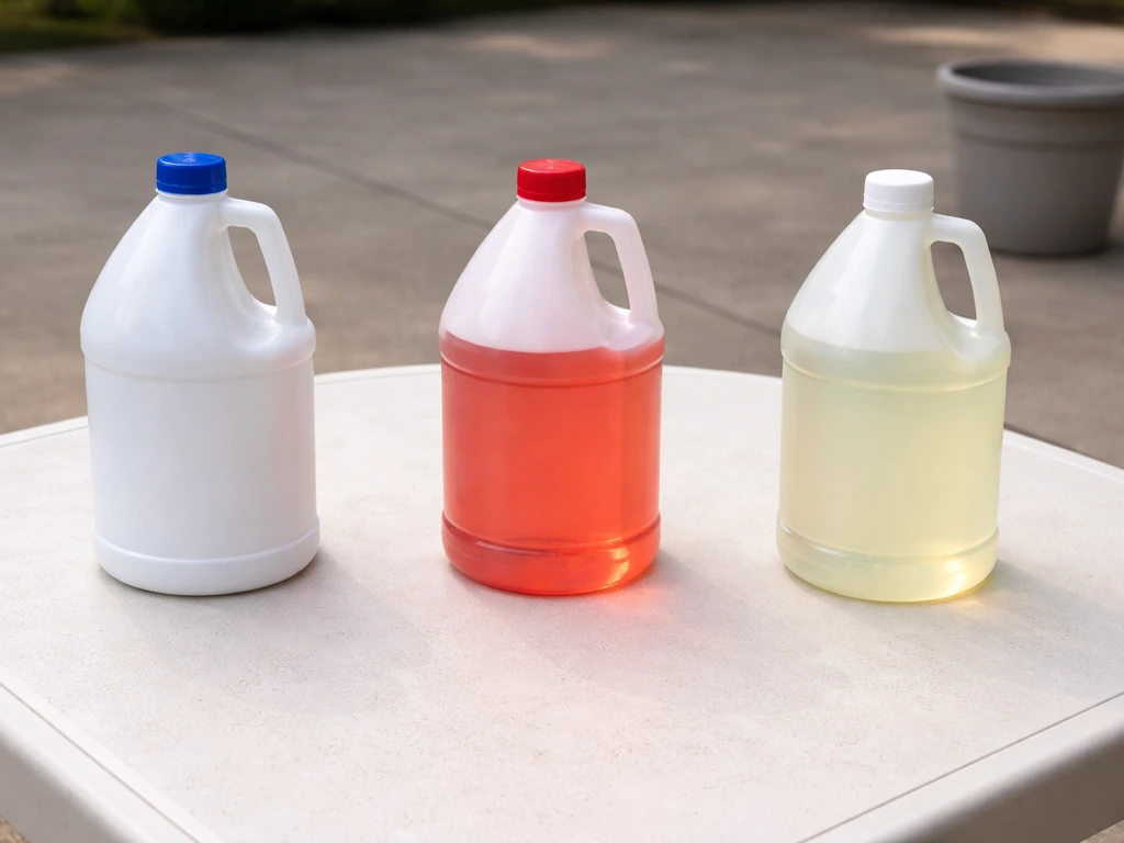 Three household chemical bottles separated on a patio-cleaning table, showing unsafe mixing of bleach, vinegar, and muri
